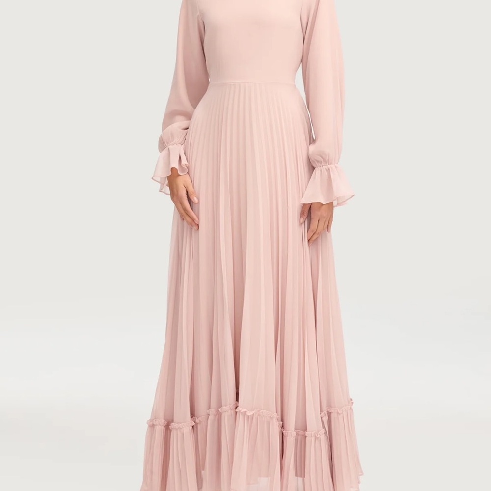 Hajer Pink Ruffled Gown with Bishop Sleeves